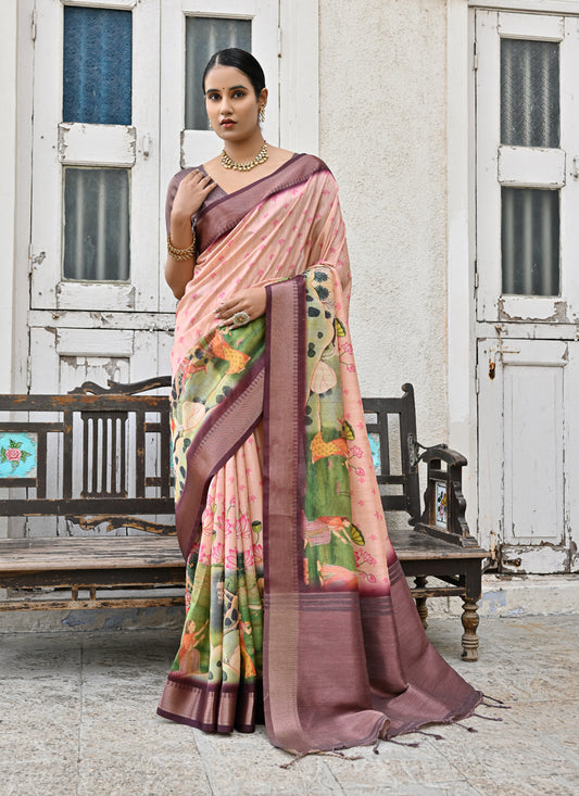 Peach Soft Tussar Silk Zari Woven Saree For Festival