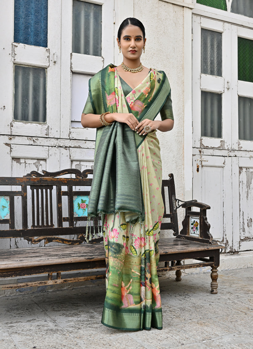 Green Soft Tussar Silk Zari Woven Saree For Festival