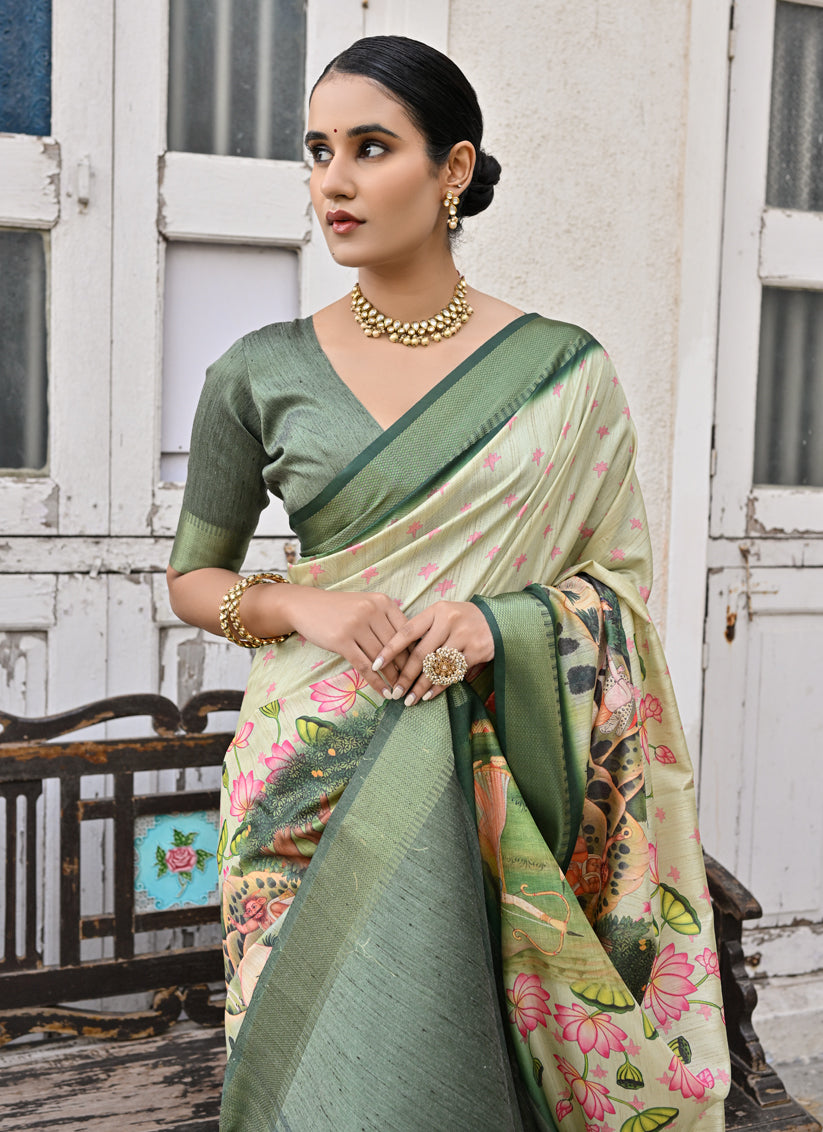 Green Soft Tussar Silk Zari Woven Saree For Festival