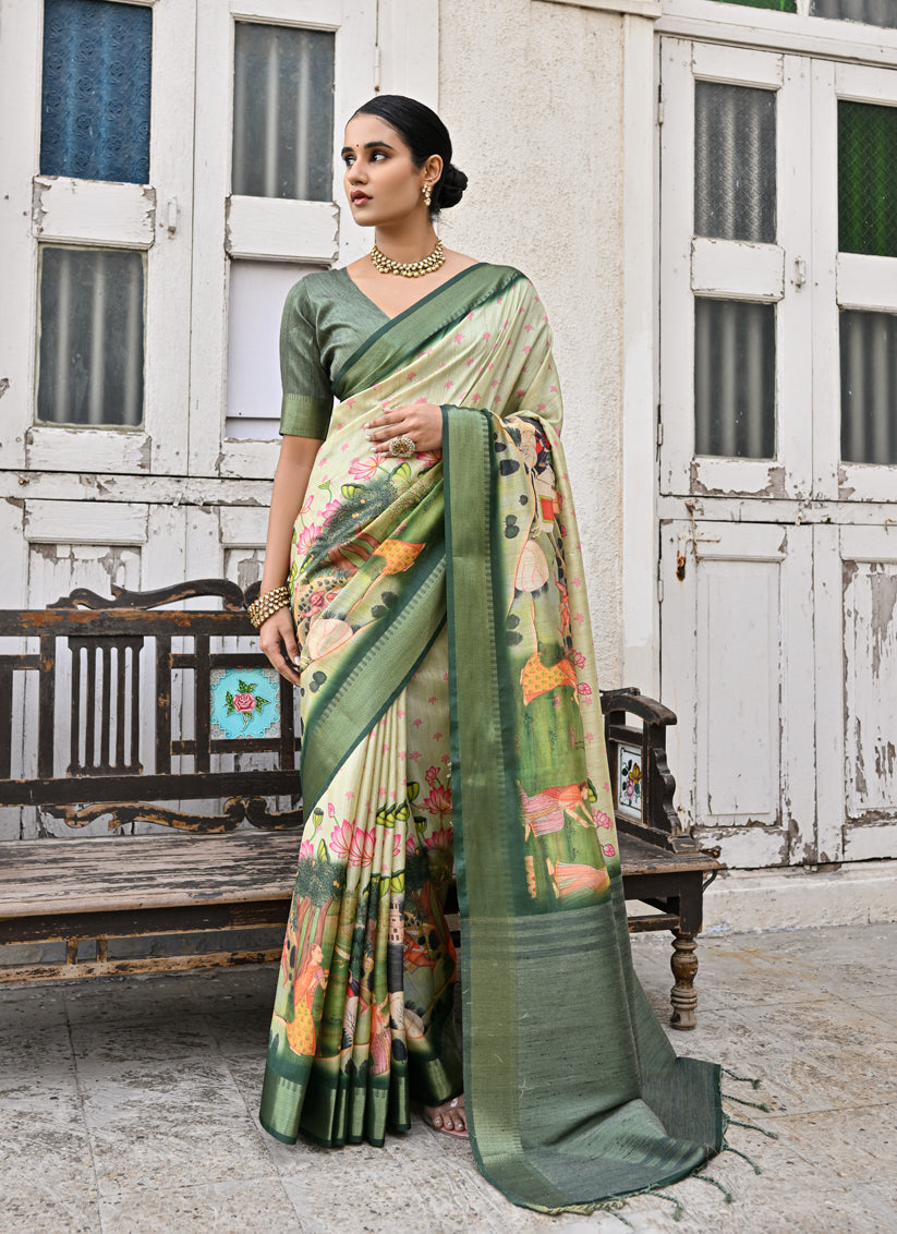 Green Soft Tussar Silk Zari Woven Saree For Festival