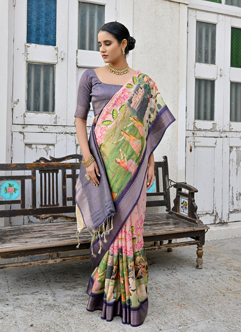 Peach Soft Tussar Silk Zari Woven Saree For Festival