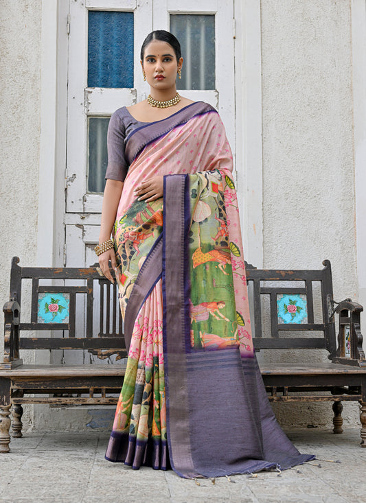 Peach Soft Tussar Silk Zari Woven Saree For Festival