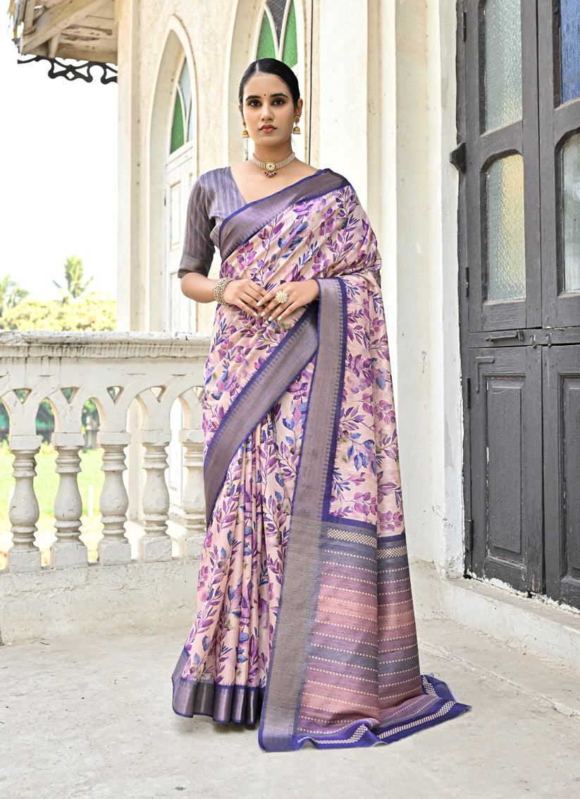 Purple Soft Tussar Silk Zari Woven Saree For Festival