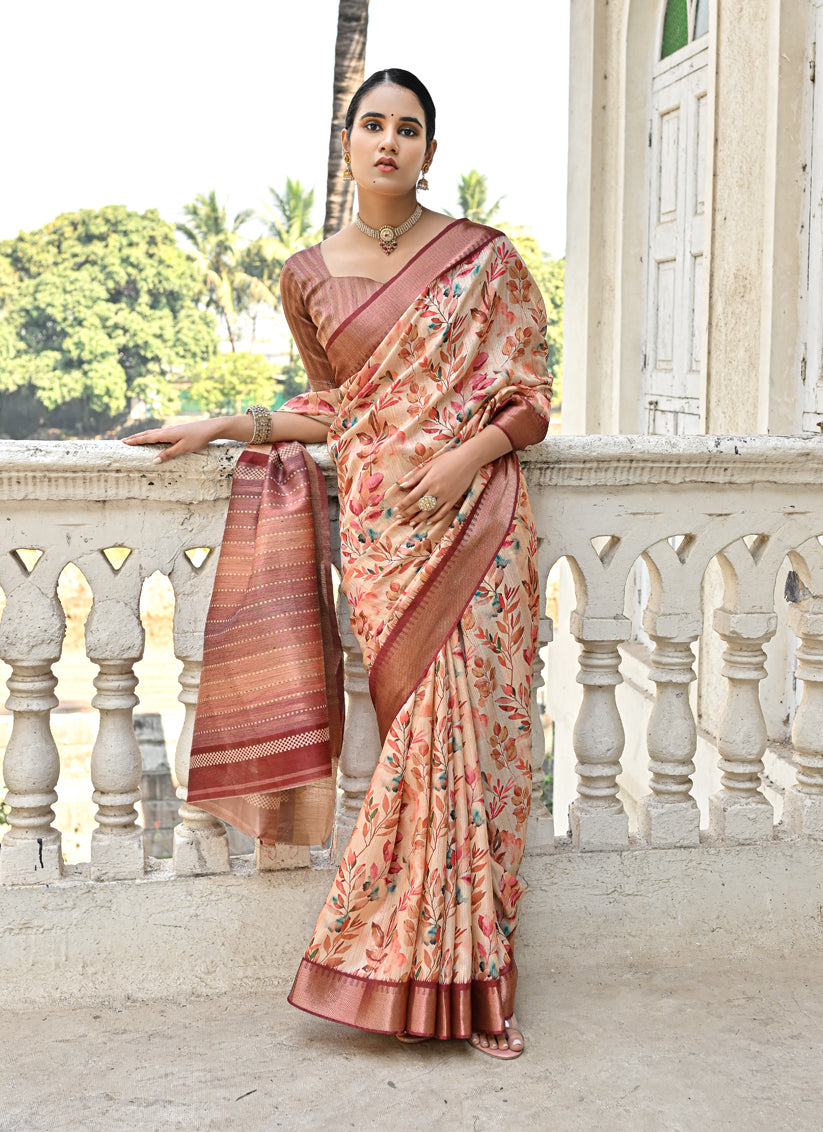 Brown Soft Tussar Silk Zari Woven Saree For Festival