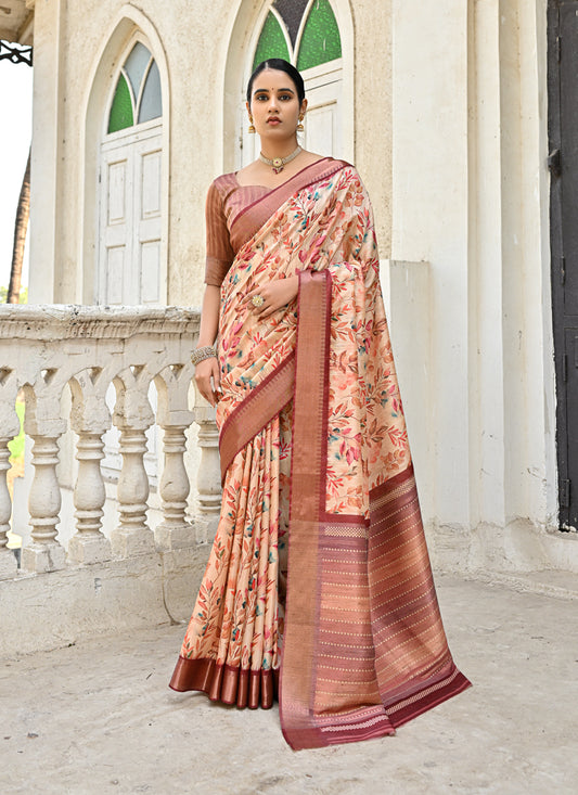 Brown Soft Tussar Silk Zari Woven Saree For Festival