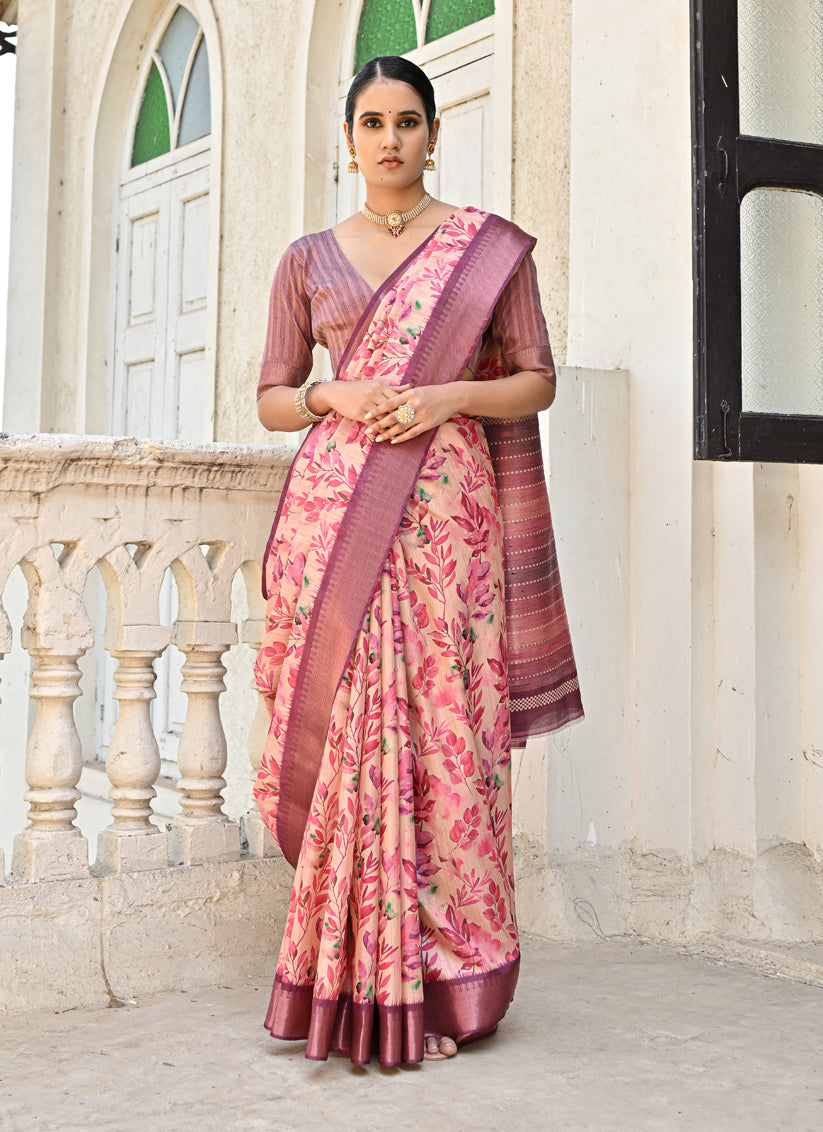 Pink Soft Tussar Silk Zari Woven Saree For Festival