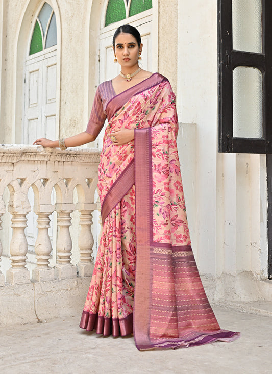 Pink Soft Tussar Silk Zari Woven Saree For Festival