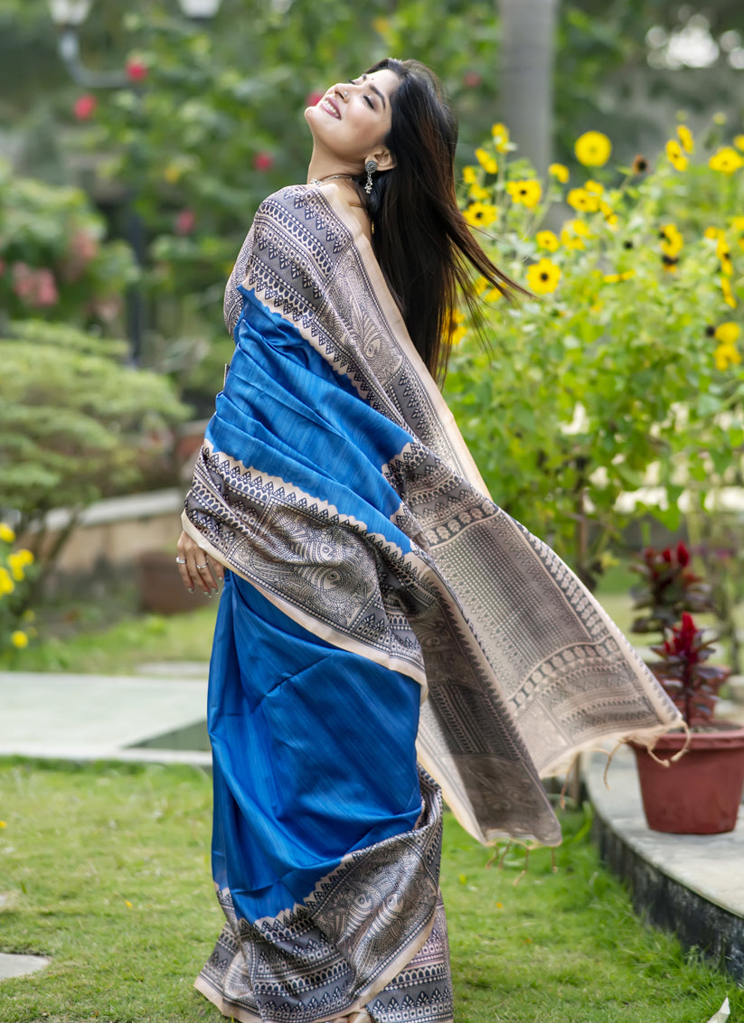 Royal Blue Soft Tussar Silk Zari Woven Saree For Festival