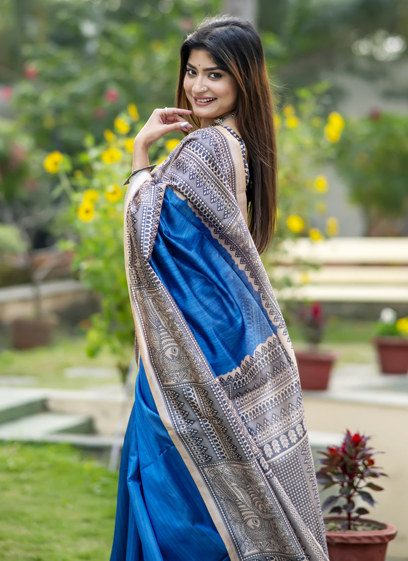 Royal Blue Soft Tussar Silk Zari Woven Saree For Festival