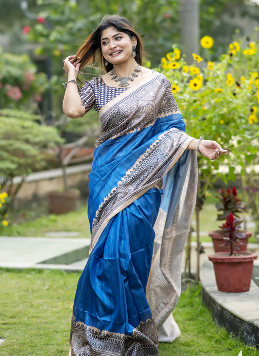 Royal Blue Soft Tussar Silk Zari Woven Saree For Festival