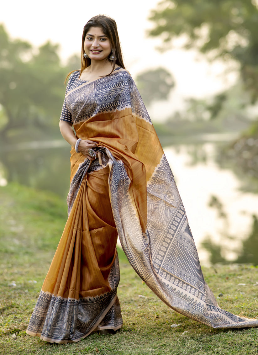 Mustard Soft Tussar Silk Zari Woven Saree For Festival