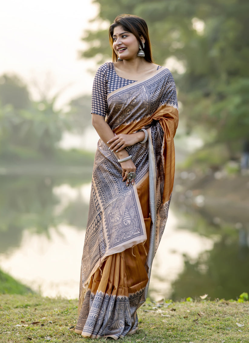 Mustard Soft Tussar Silk Zari Woven Saree For Festival