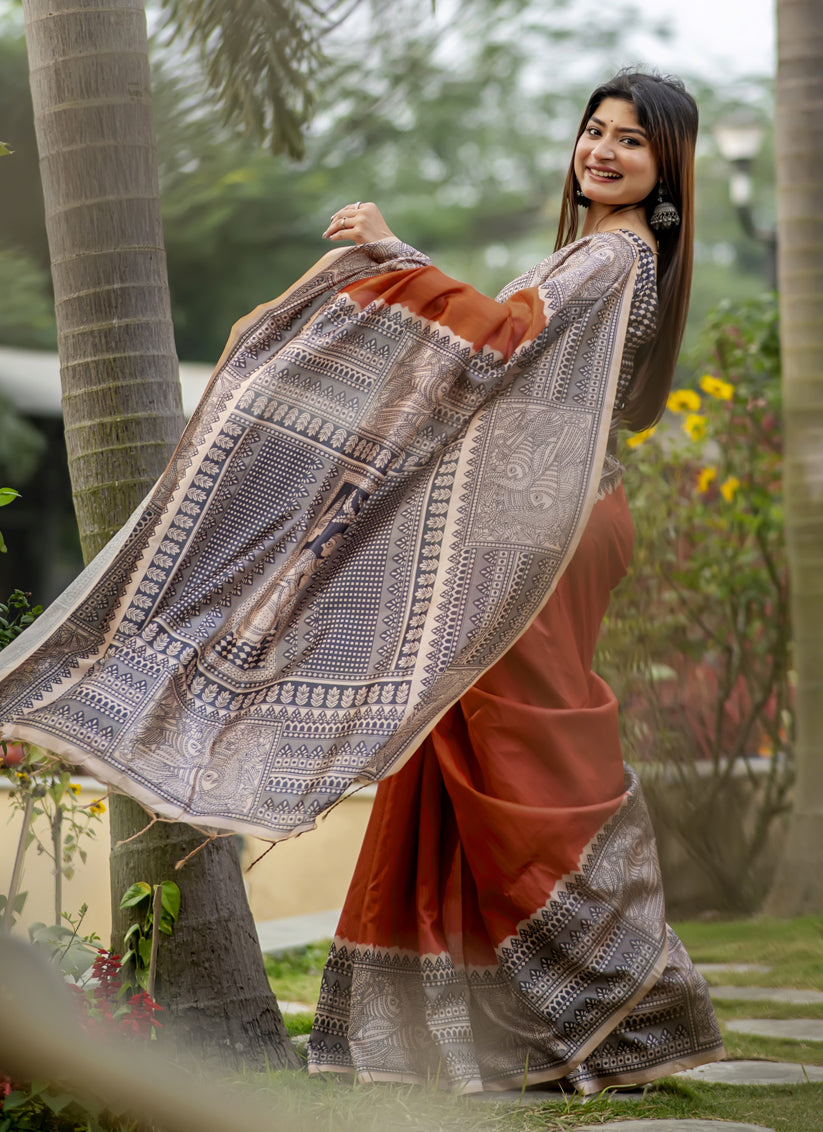 Orange Soft Tussar Silk Zari Woven Saree For Festival