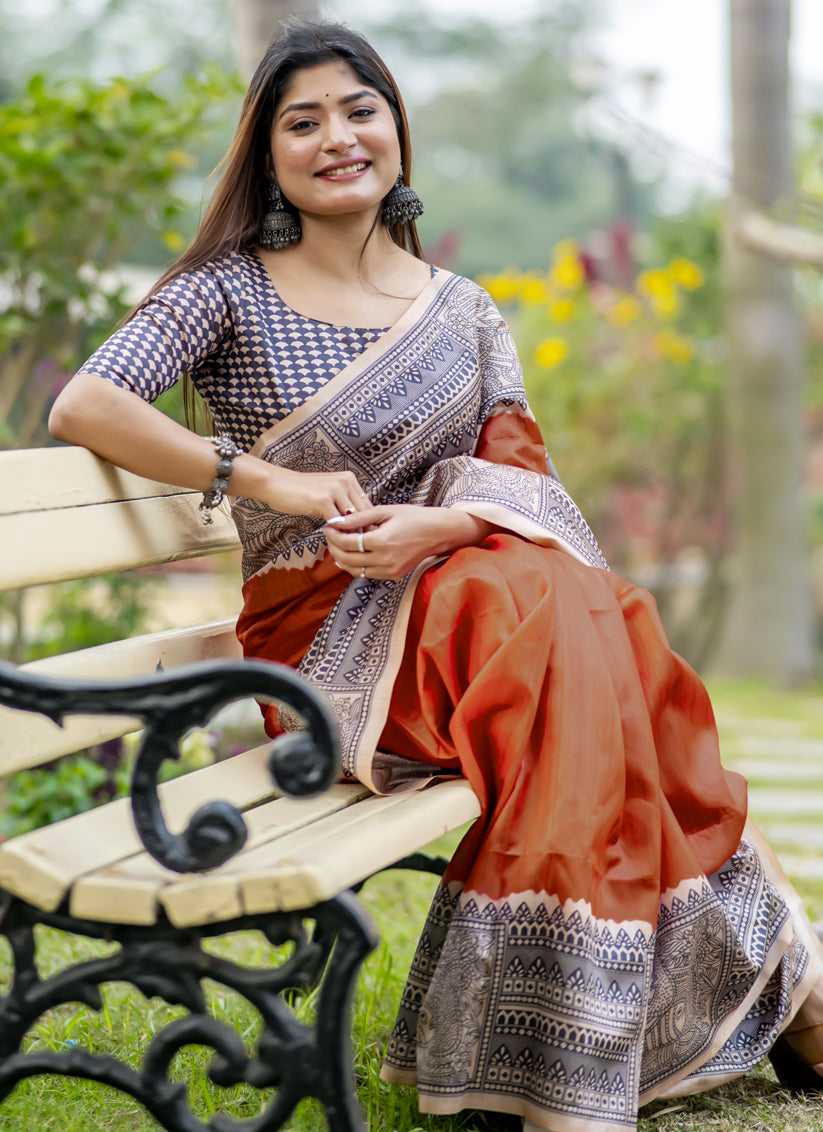 Orange Soft Tussar Silk Zari Woven Saree For Festival