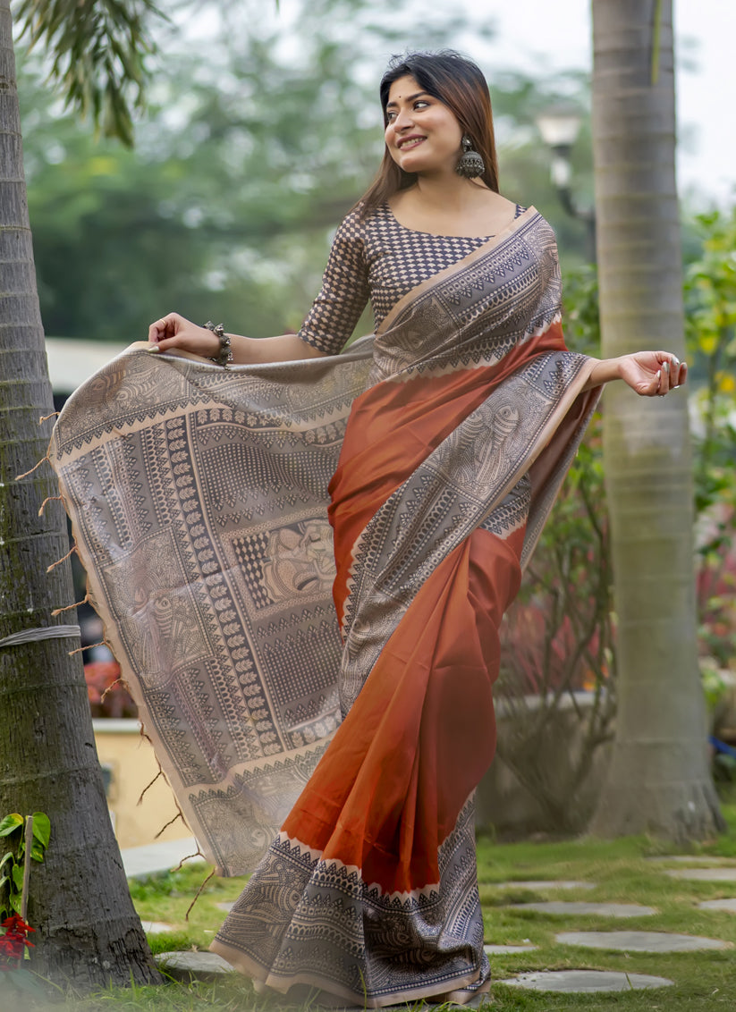 Orange Soft Tussar Silk Zari Woven Saree For Festival