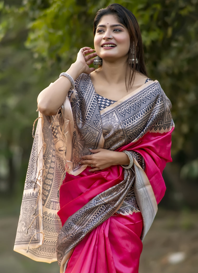 Rani Pink Soft Tussar Silk Zari Woven Saree For Festival