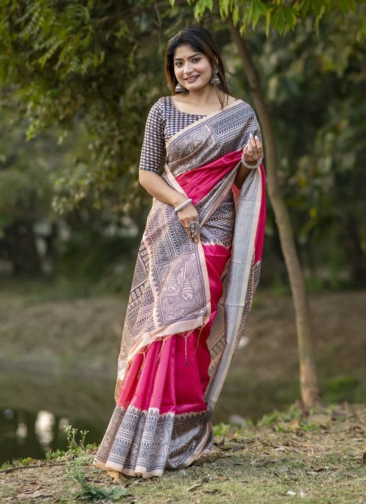 Rani Pink Soft Tussar Silk Zari Woven Saree For Festival