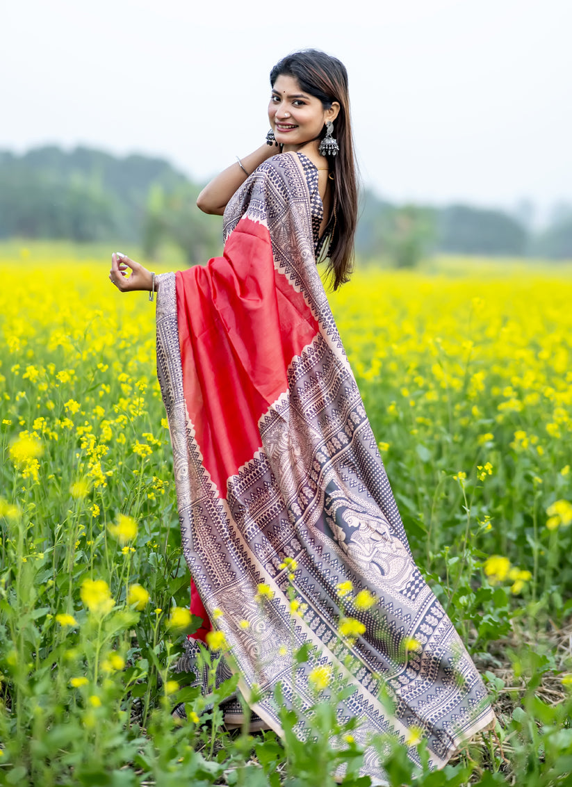 Red Soft Tussar Silk Zari Woven Saree For Festival