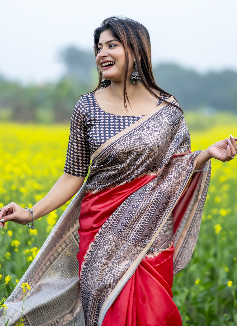 Red Soft Tussar Silk Zari Woven Saree For Festival