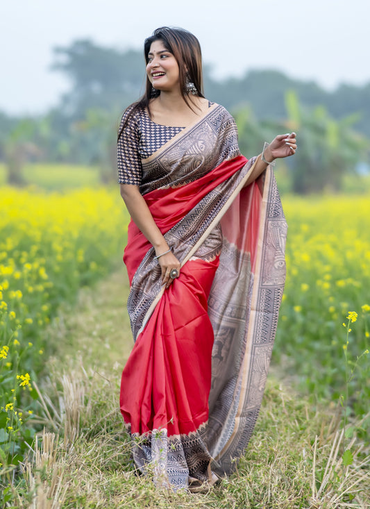 Red Soft Tussar Silk Zari Woven Saree For Festival