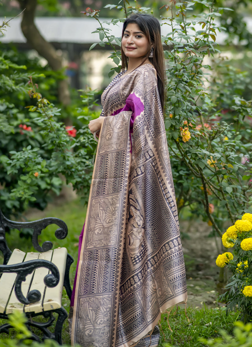 Wine Soft Tussar Silk Zari Woven Saree For Festival