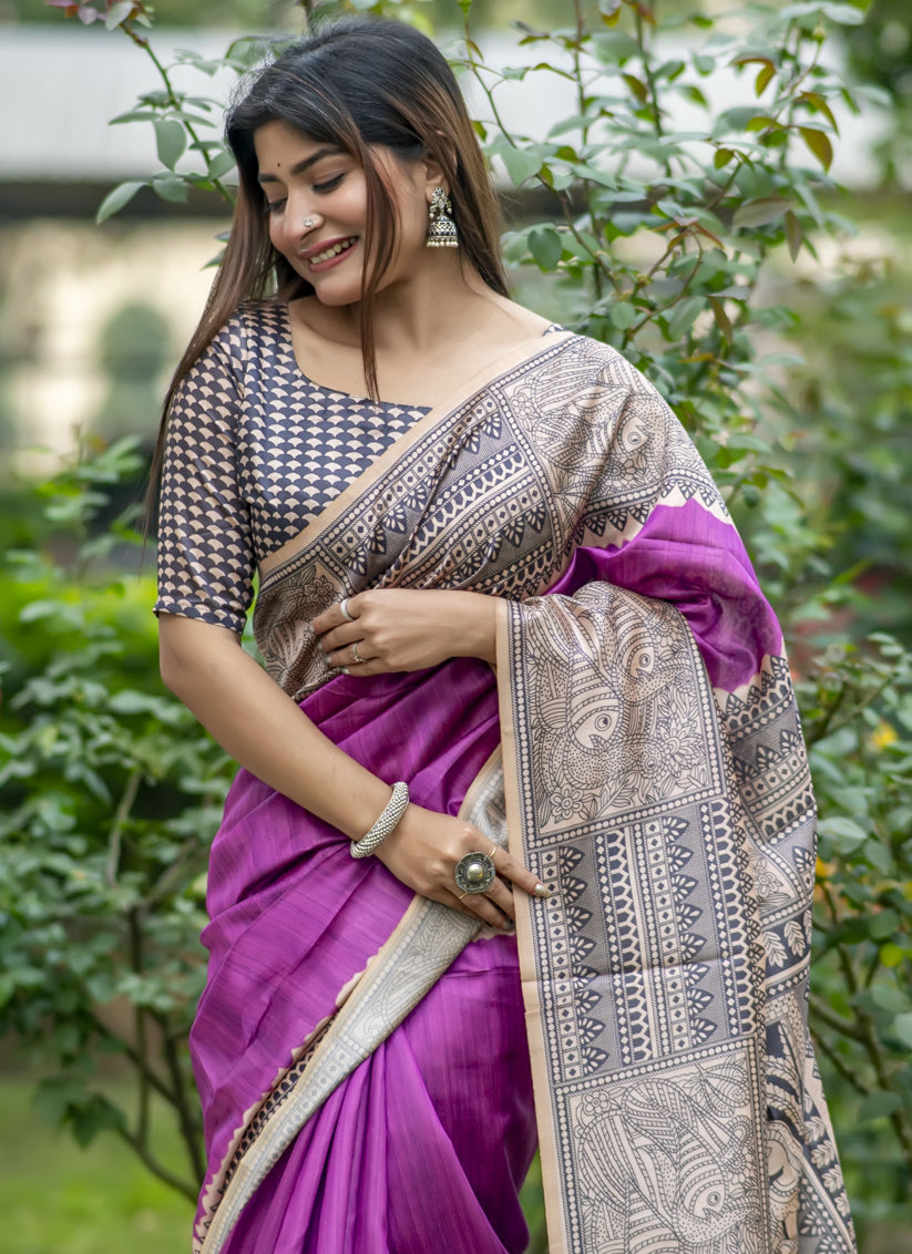 Wine Soft Tussar Silk Zari Woven Saree For Festival