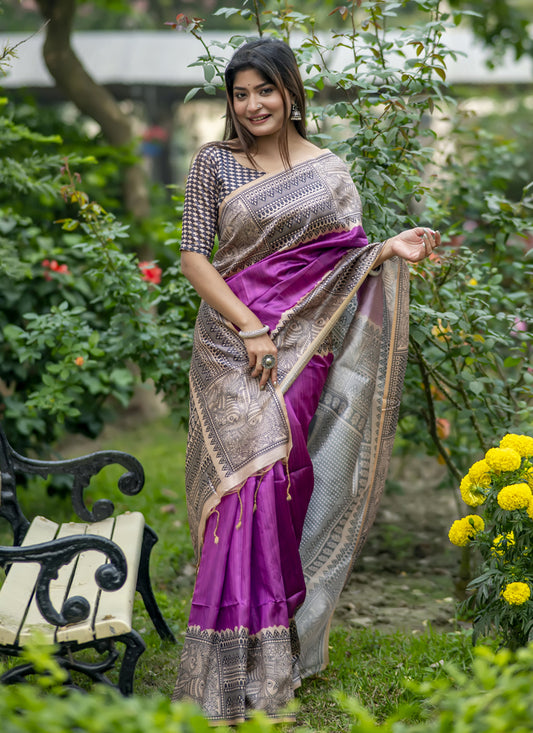 Wine Soft Tussar Silk Zari Woven Saree For Festival