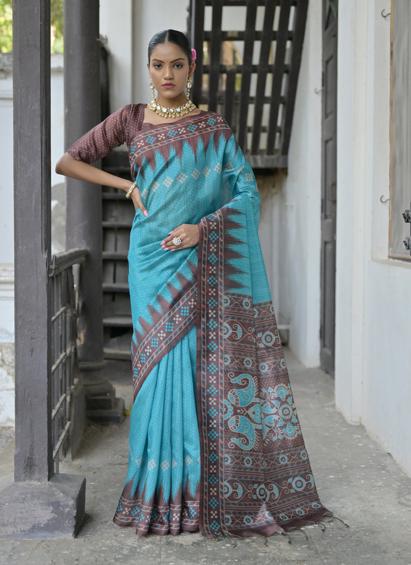 Firozi Soft Tussar Silk Zari Woven Saree For Festival