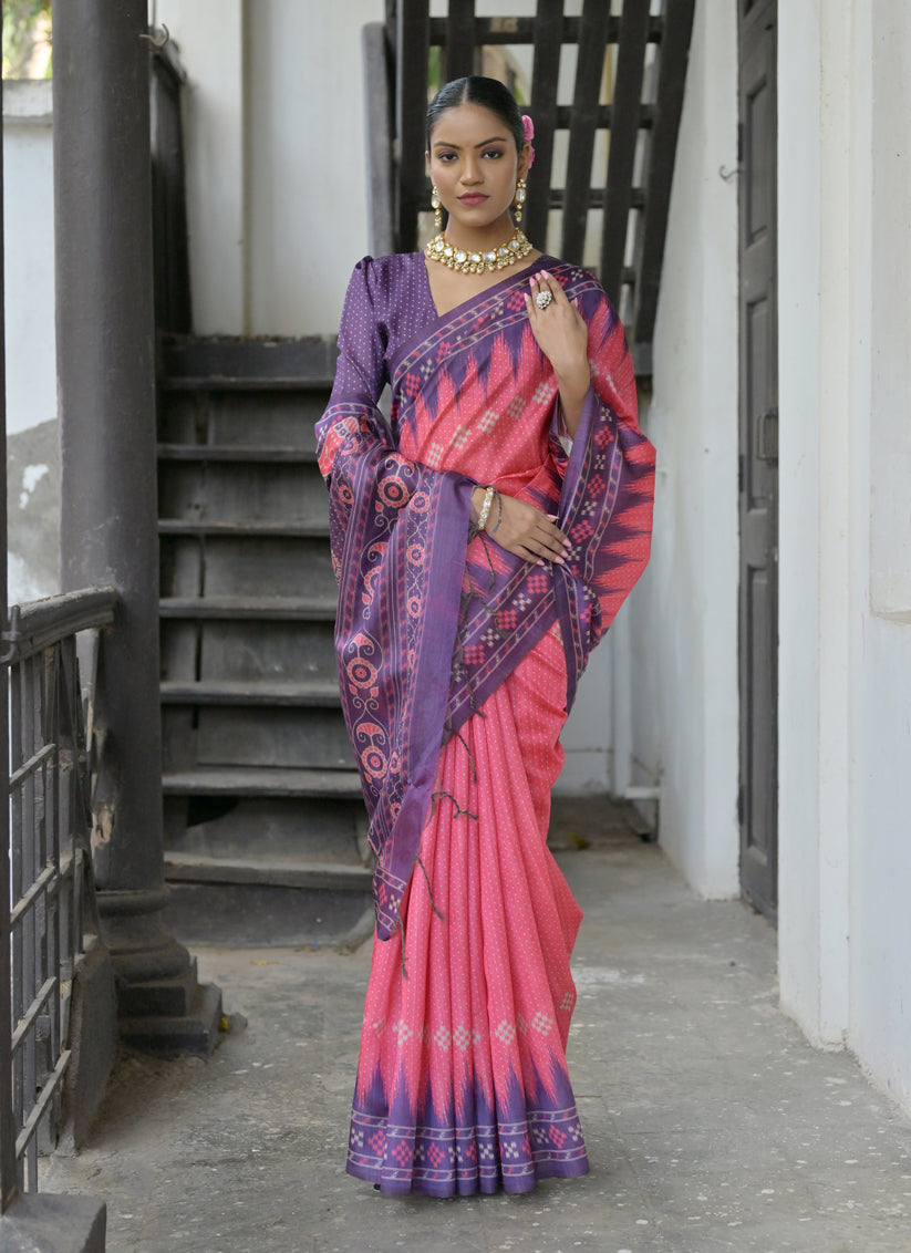 Coral Pink Soft Tussar Silk Zari Woven Saree For Festival