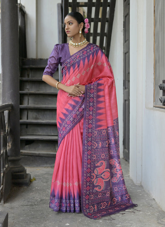 Coral Pink Soft Tussar Silk Zari Woven Saree For Festival