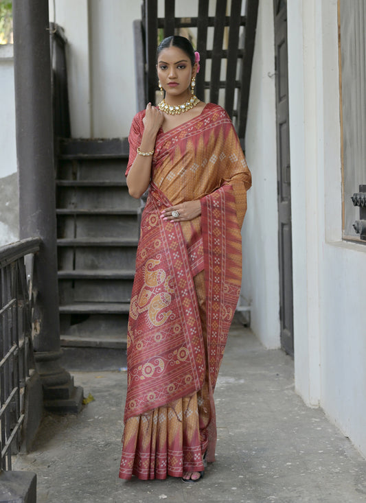 Yellow Soft Tussar Silk Zari Woven Saree For Festival