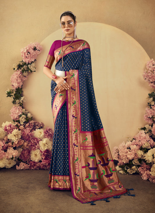 Navy Blue Paithani Silk Zari Woven Saree For Festival