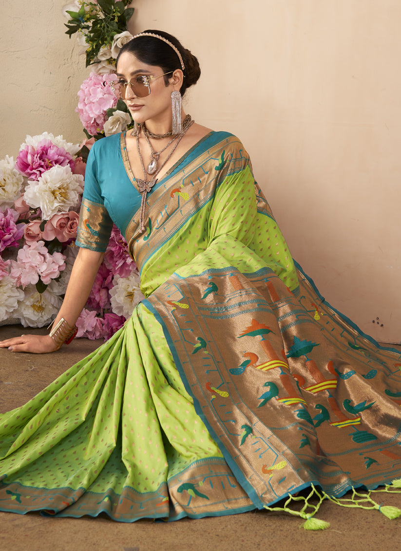 Parrot Green Paithani Silk Zari Woven Saree For Festival