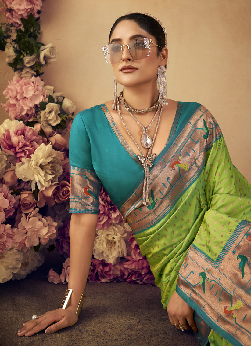 Parrot Green Paithani Silk Zari Woven Saree For Festival