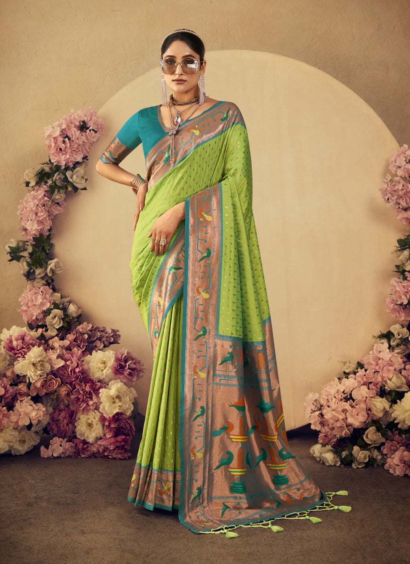 Parrot Green Paithani Silk Zari Woven Saree For Festival