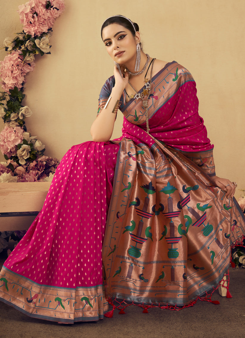 Rani Pink Paithani Silk Zari Woven Saree For Festival