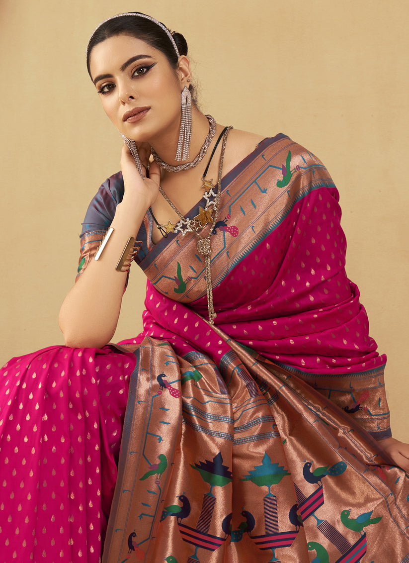 Rani Pink Paithani Silk Zari Woven Saree For Festival