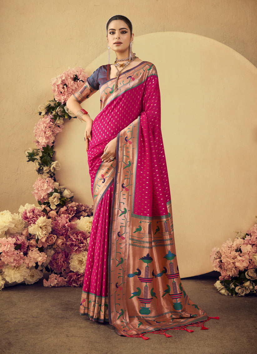 Rani Pink Paithani Silk Zari Woven Saree For Festival