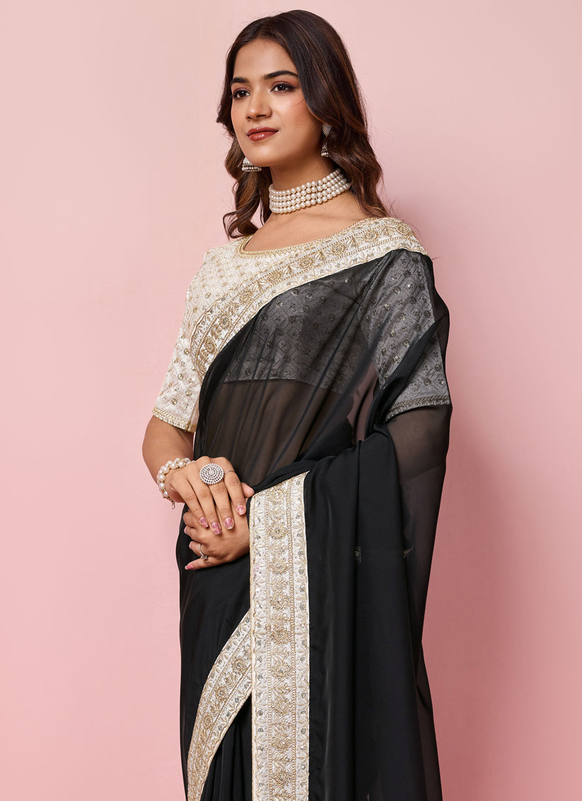 Black Soft Organza Embroidered Designer Saree