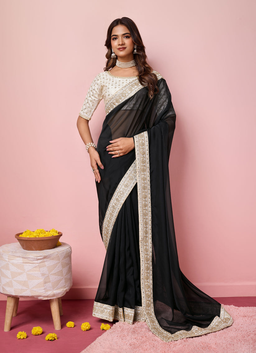 Black Soft Organza Embroidered Designer Saree