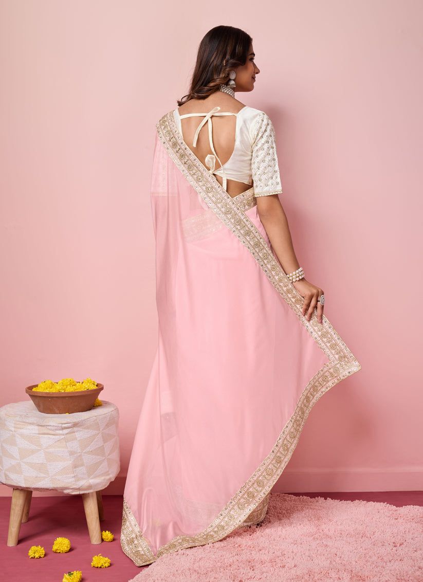 Pink Soft Organza Embroidered Designer Saree