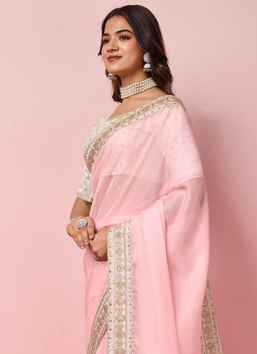 Pink Soft Organza Embroidered Designer Saree