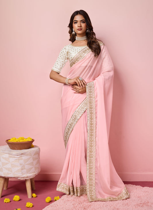 Pink Soft Organza Embroidered Designer Saree