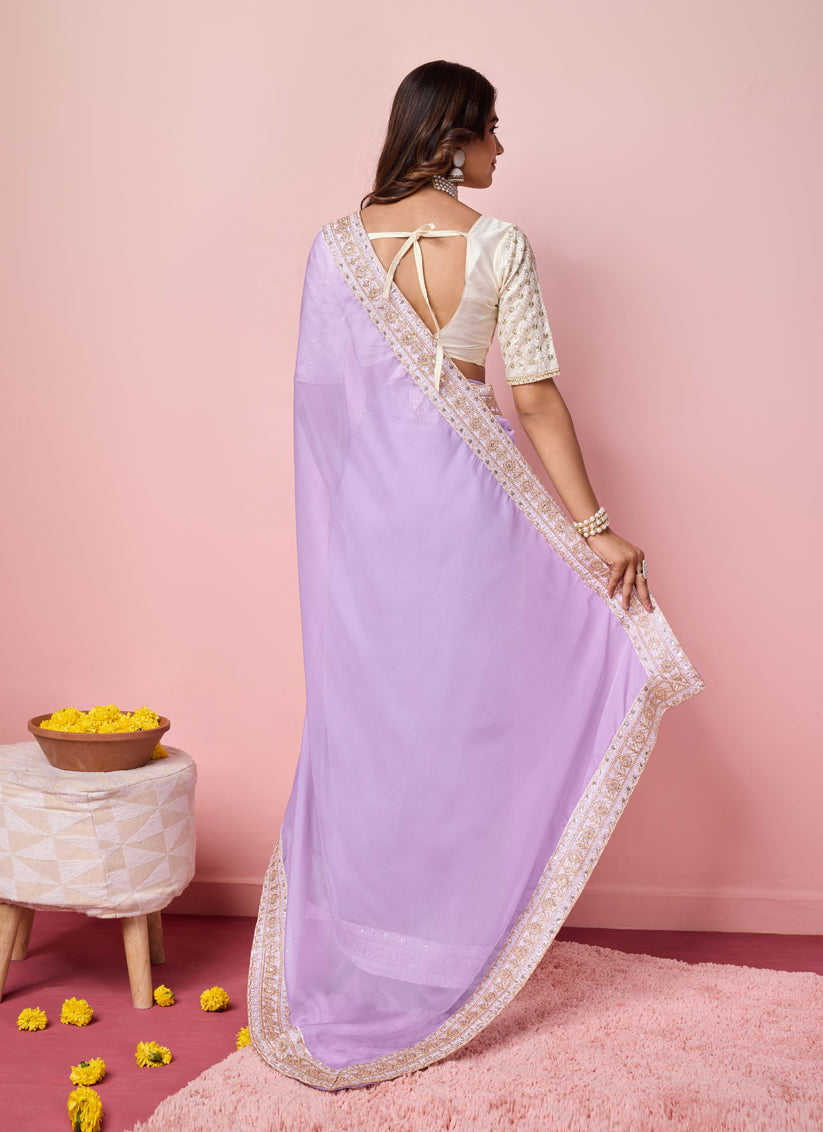 Lavender Soft Organza Embroidered Designer Saree