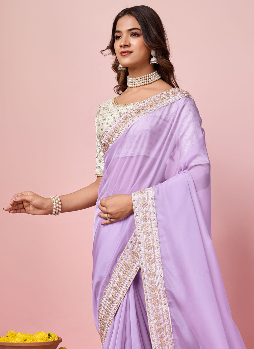 Lavender Soft Organza Embroidered Designer Saree