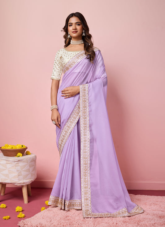 Lavender Soft Organza Embroidered Designer Saree