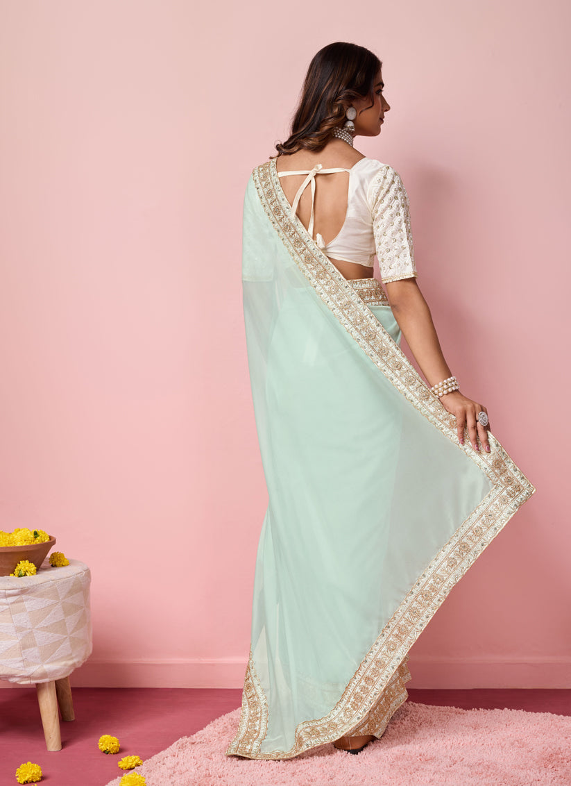 Sea Green Soft Organza Embroidered Designer Saree