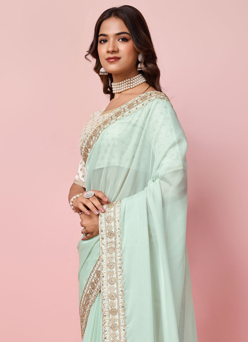 Sea Green Soft Organza Embroidered Designer Saree