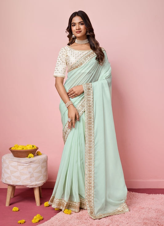 Sea Green Soft Organza Embroidered Designer Saree