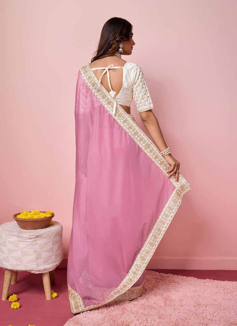 Pink Soft Organza Embroidered Designer Saree